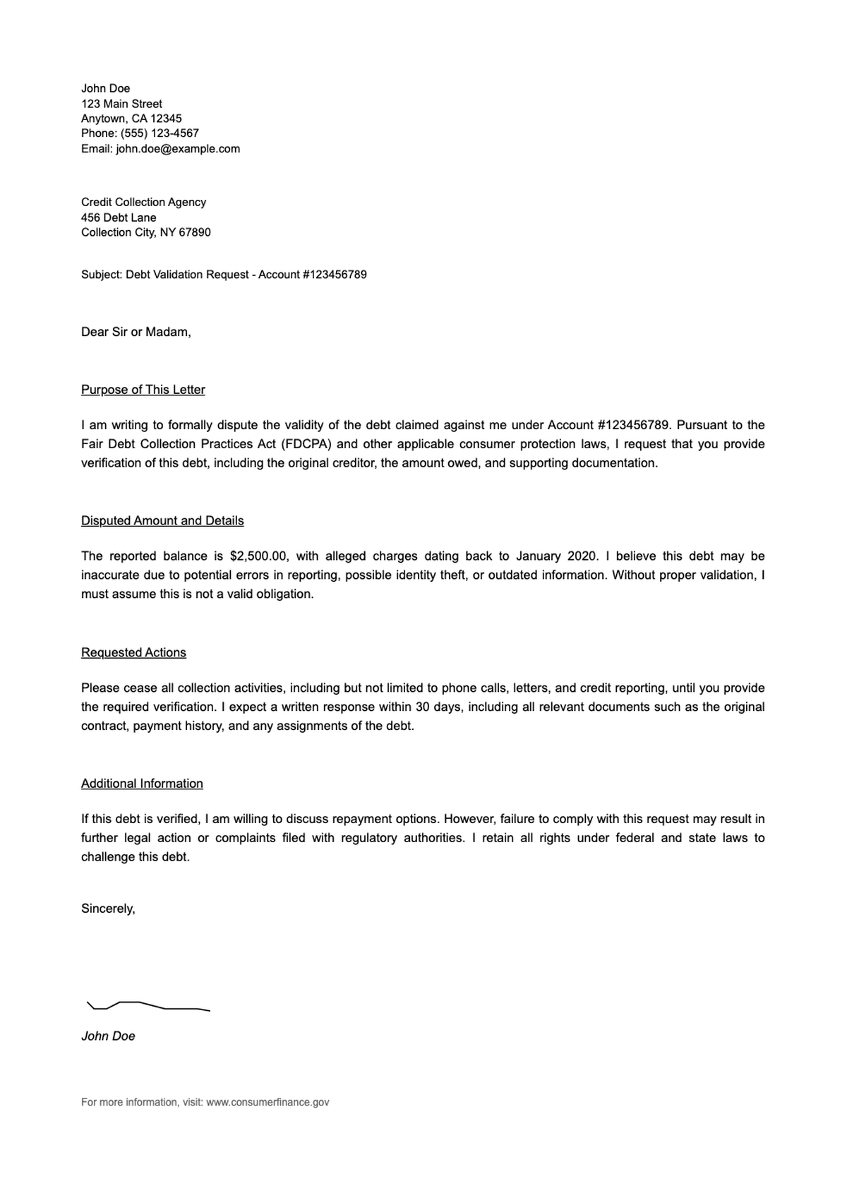 Debt dispute letter template with FDCPA validation request and editable formats for A4 and US Letter_variant_3
